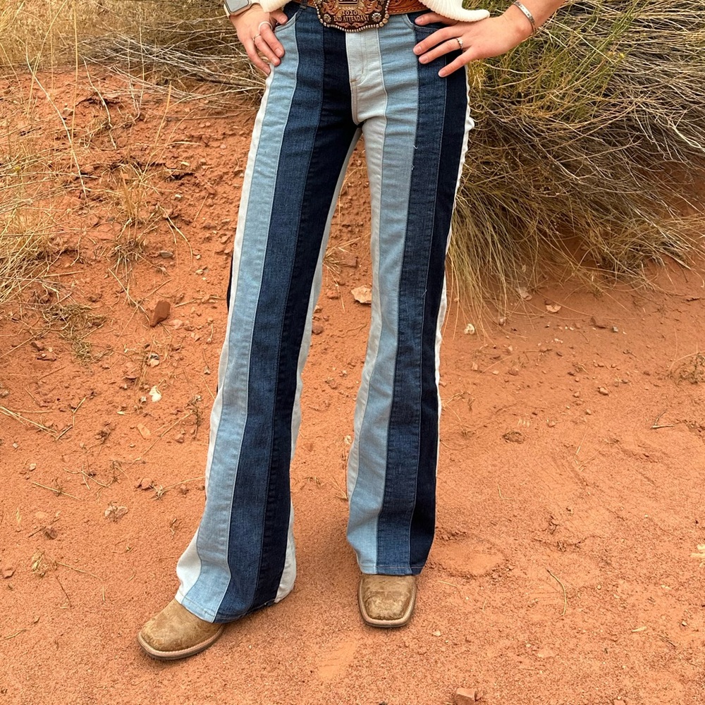 Striped Blue Flare Jeans with White Knit Top